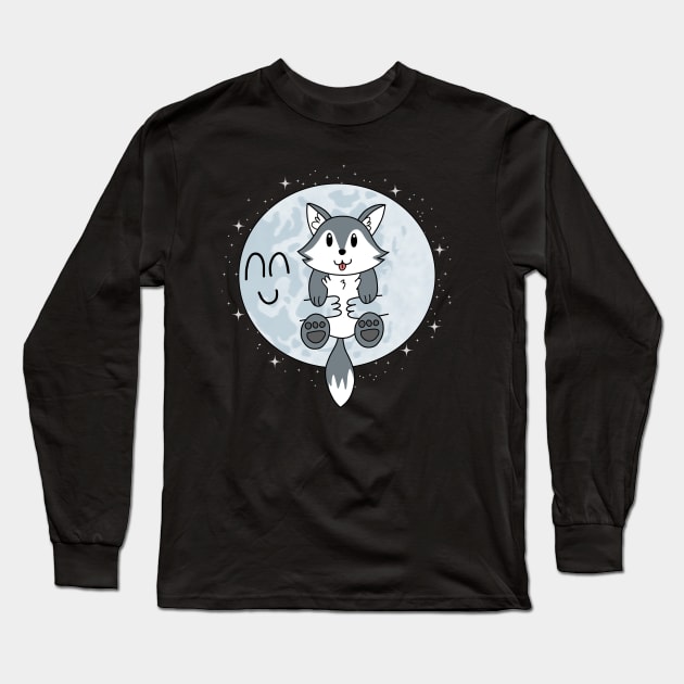 Moon Hugs Cute Wolf Long Sleeve T-Shirt by pako-valor